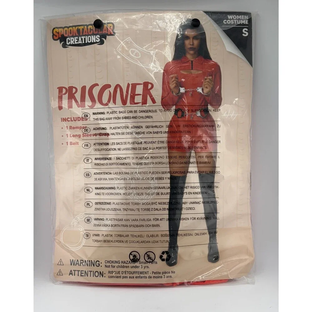 NWT Spooktacular Creations Prisoner Costume Women's Small Red Long Sleeve Belt